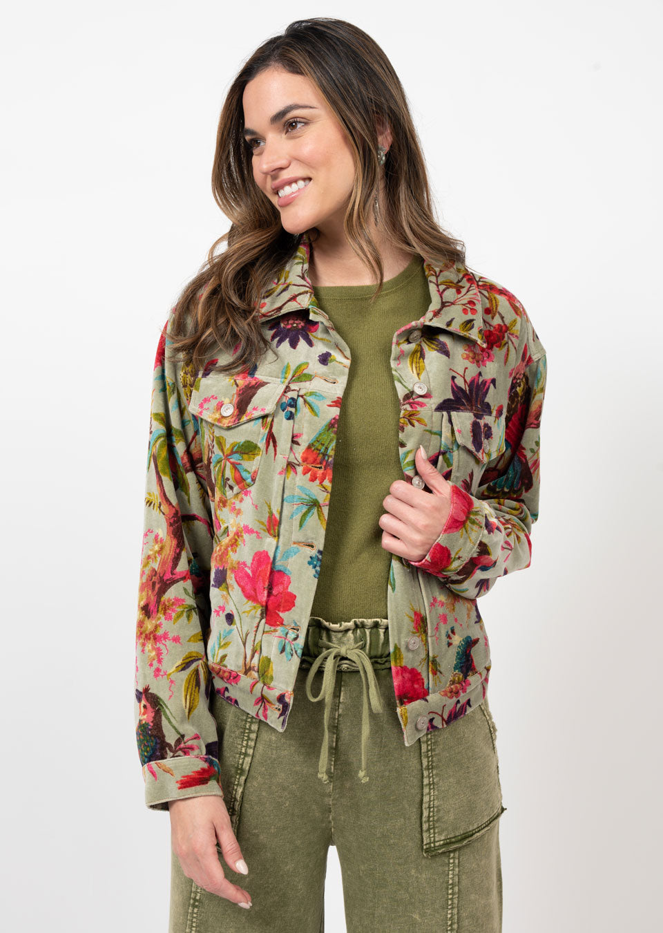 Bird Print Velveteen Jacket