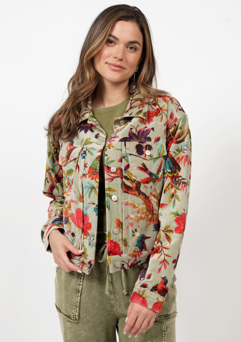 Bird Print Velveteen Jacket
