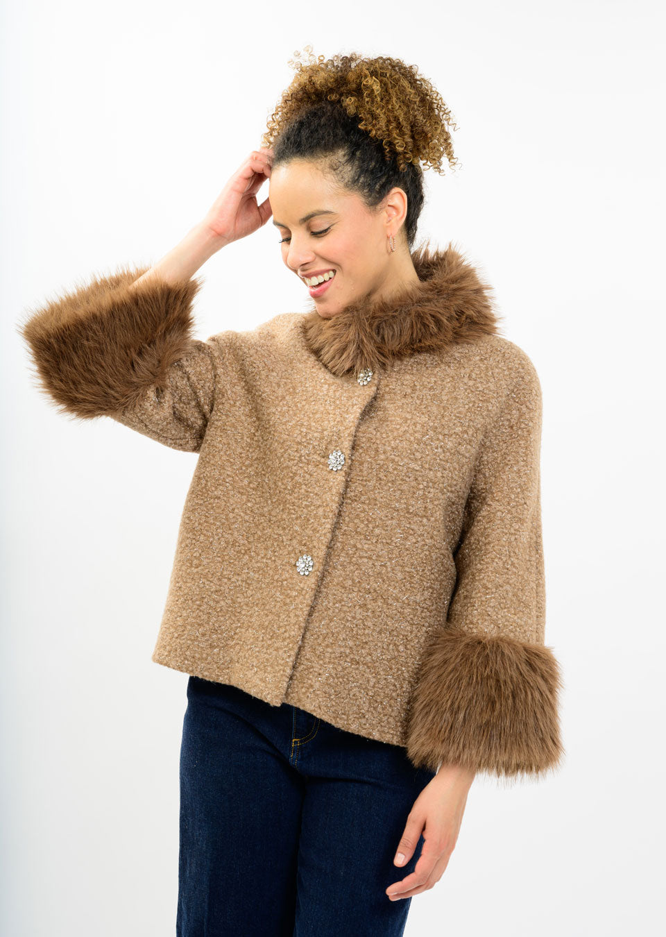 Boucle Sparkle Fur Trim Jacket