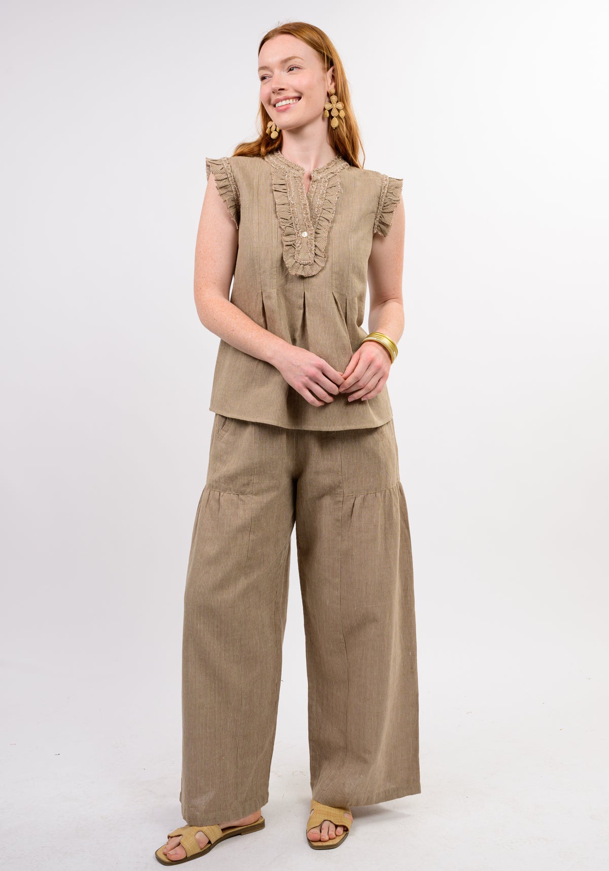 Khaki Wide Leg Stripe Pant