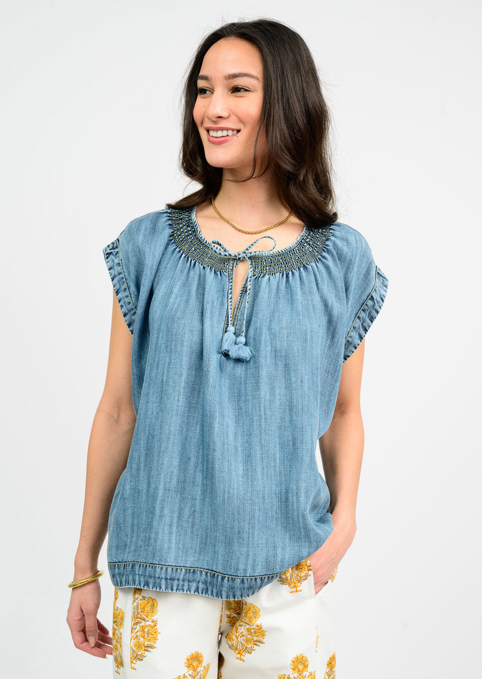 Smock Neck Denim Top