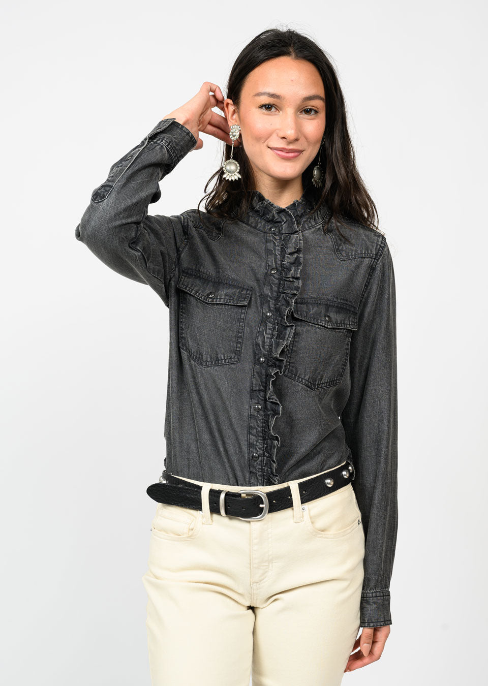 Denim Ruffle Snap Shirt