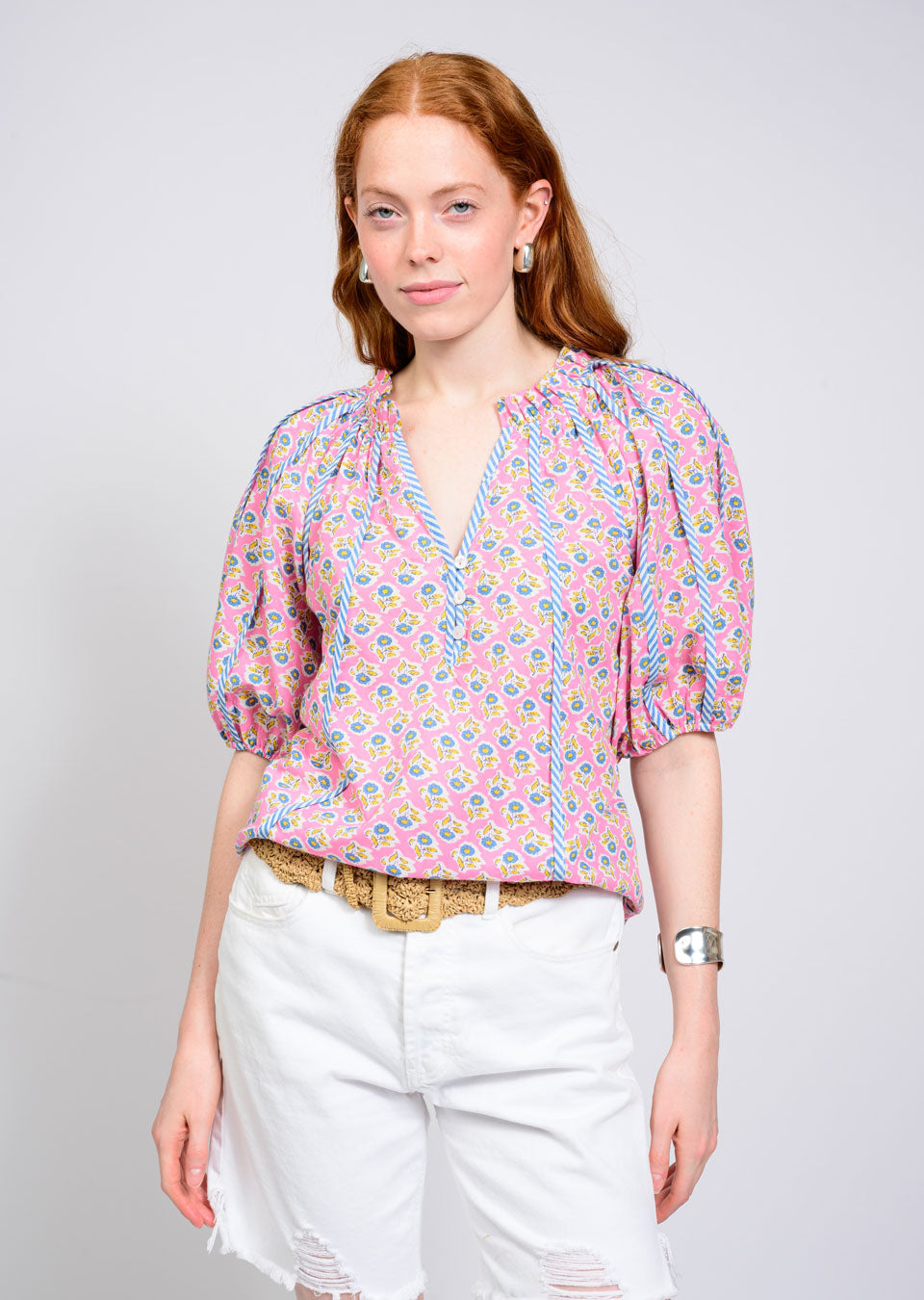 Striped Trim Floral Top