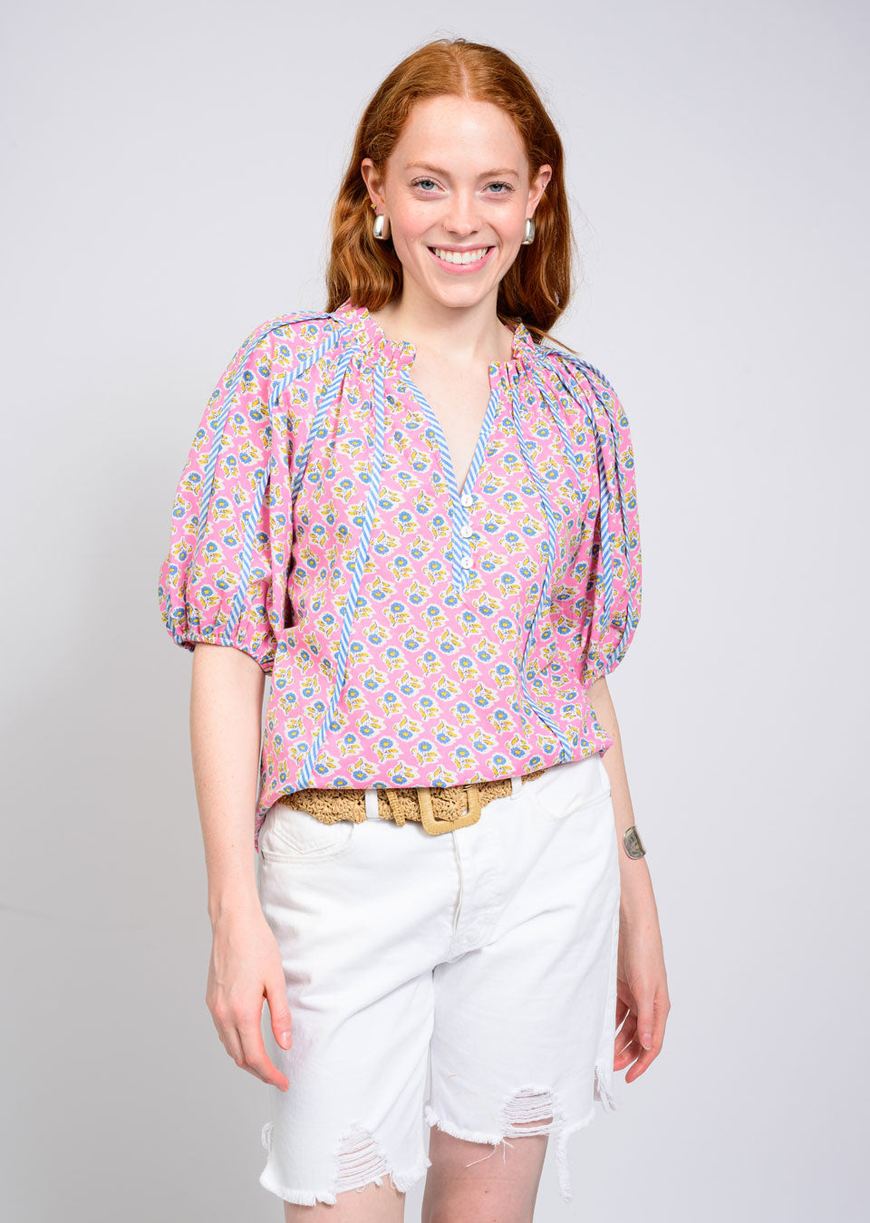 Striped Trim Floral Top