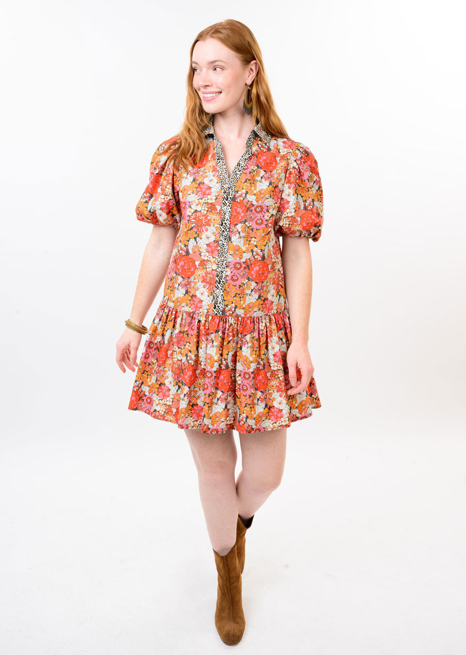 Leopard Trim Floral Dress
