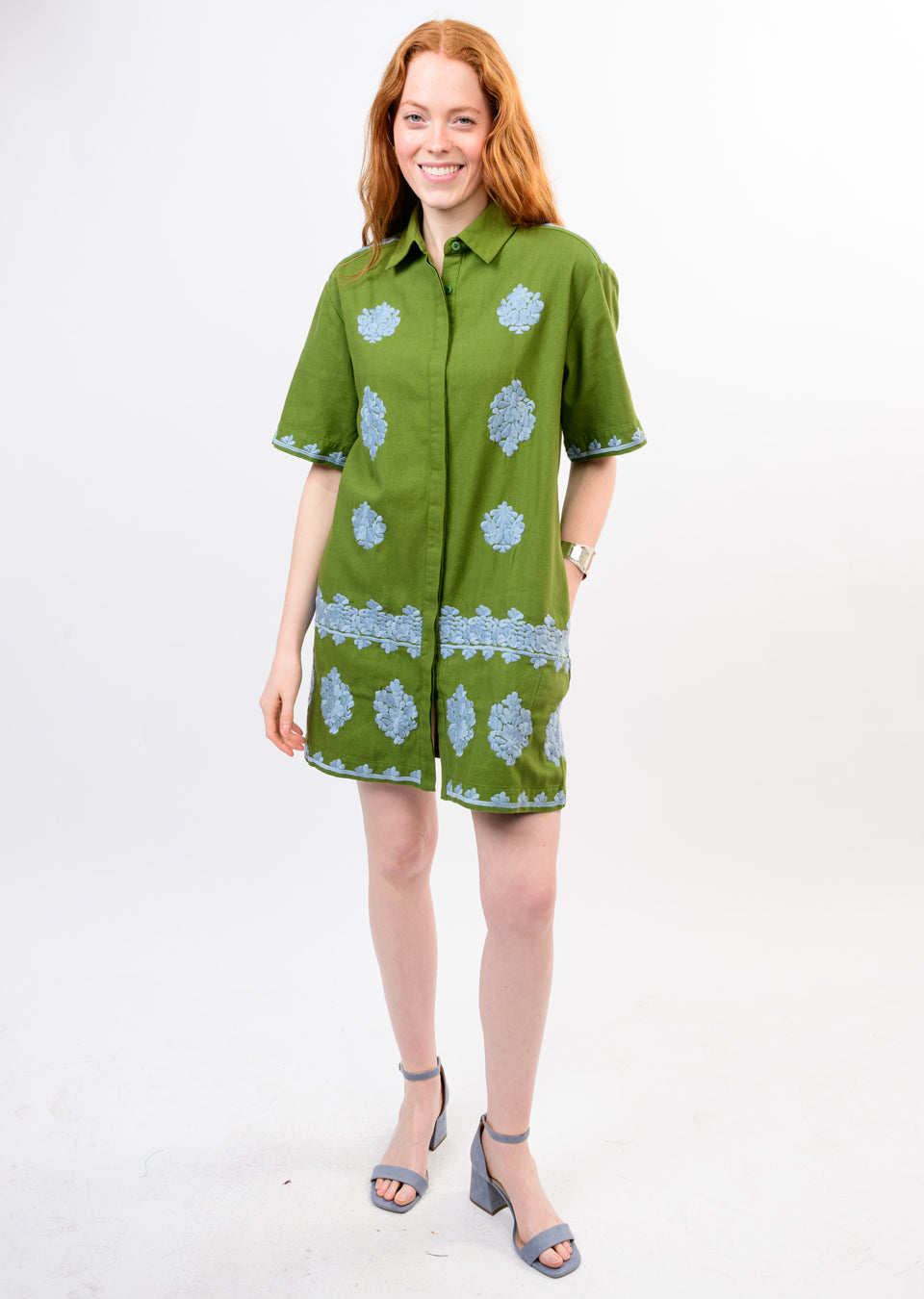 Green Embroidered Shirtdress