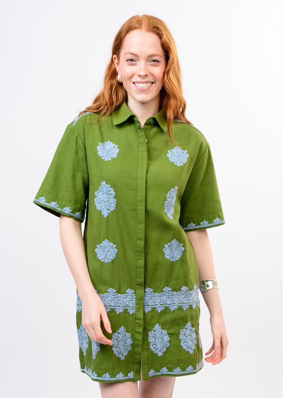 Green Embroidered Shirtdress