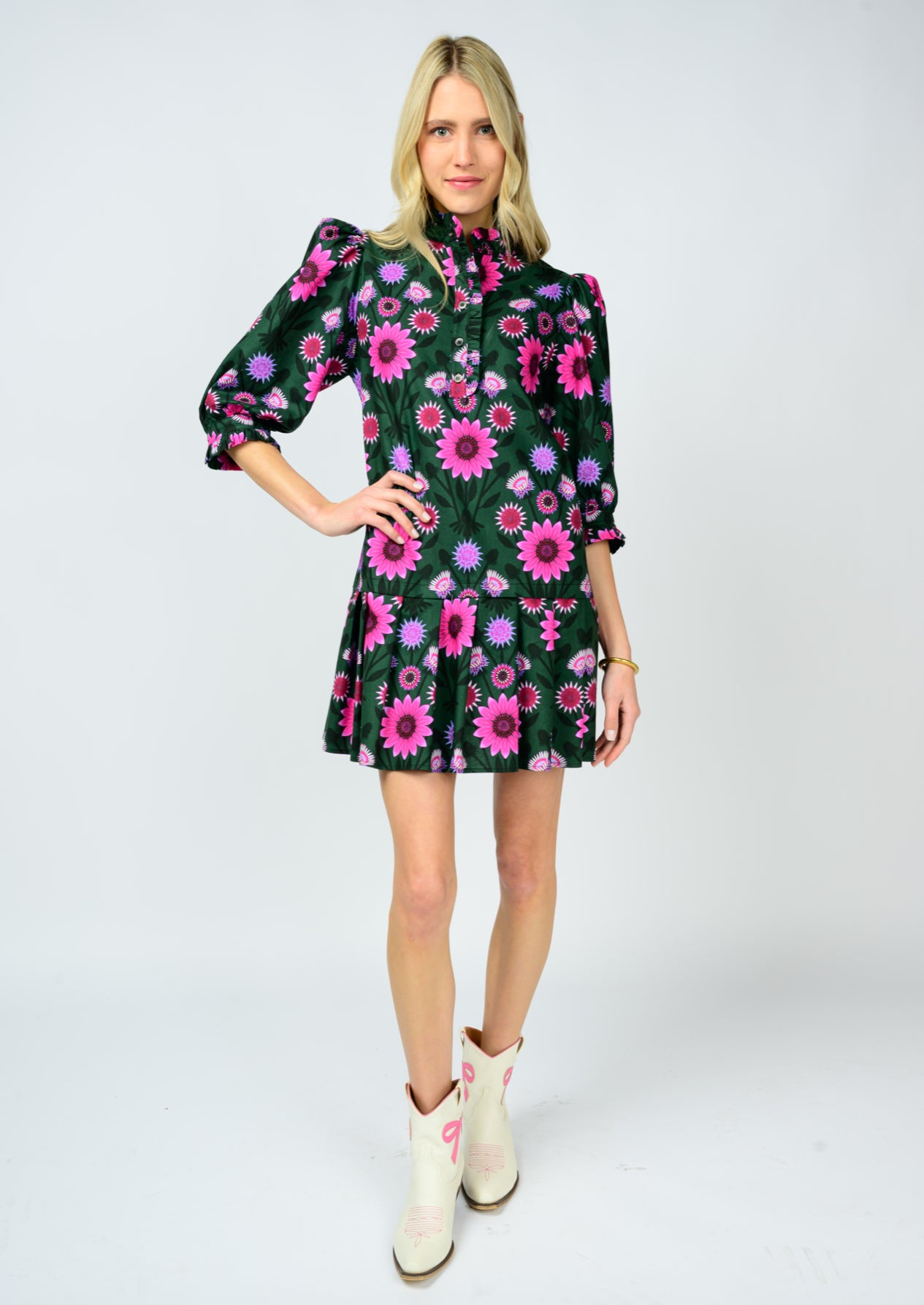 dress with pleated hem Pleated Hem Round Neck Dress Ivory / S