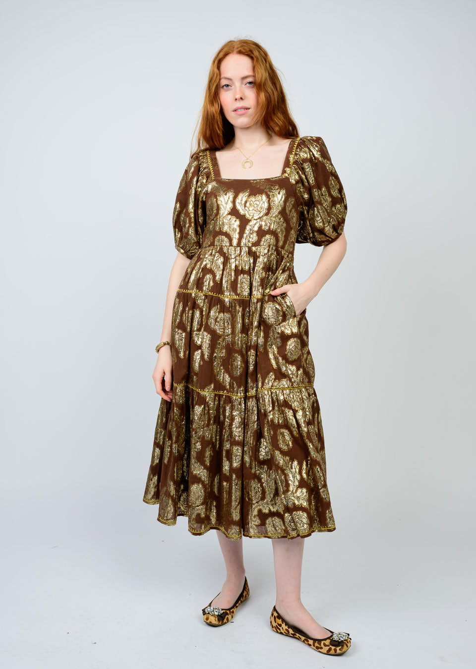Metallic Roses Midi Dress