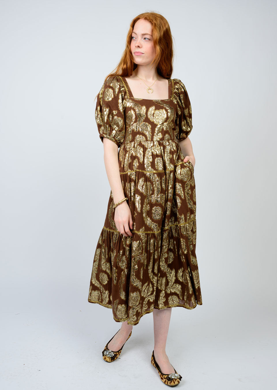Metallic Roses Midi Dress