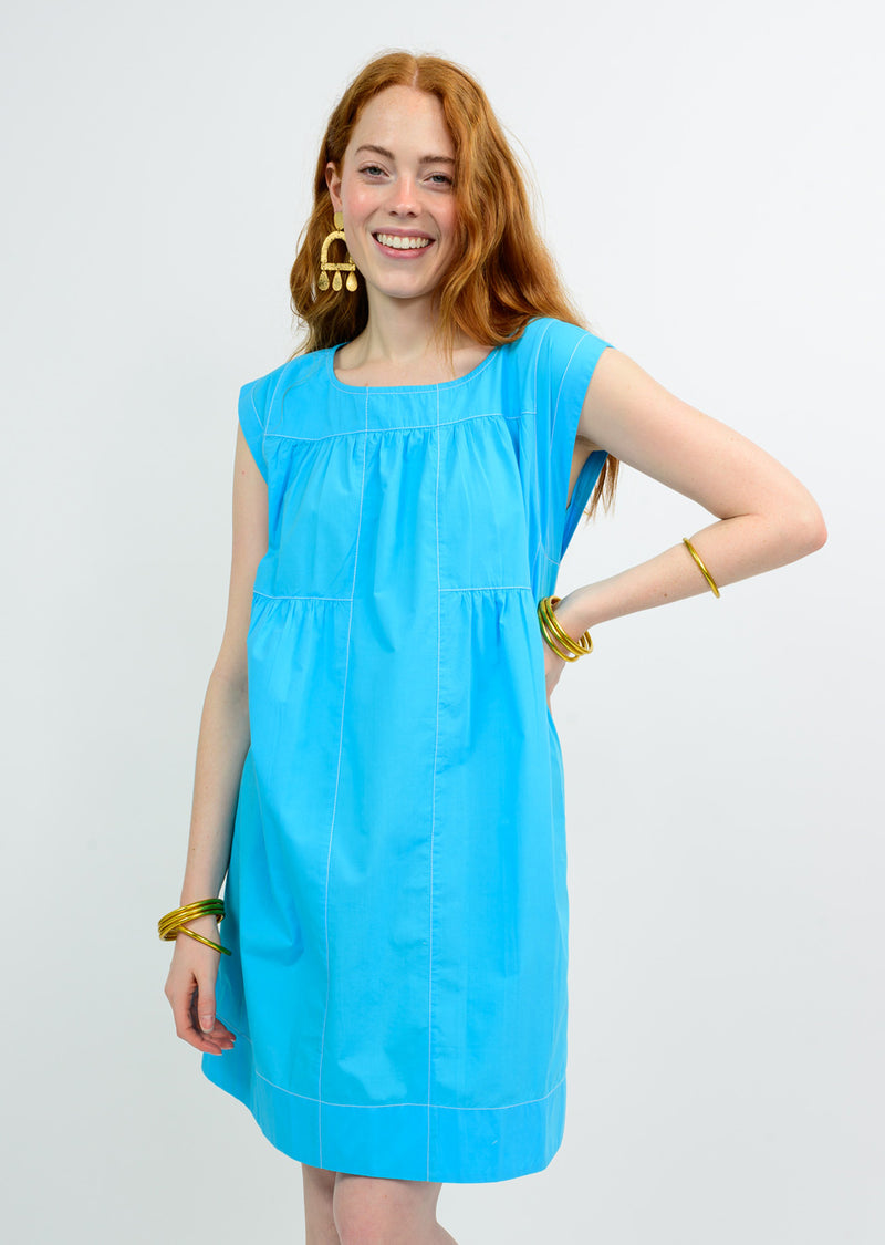 Blue Topstitched Tiered Dress