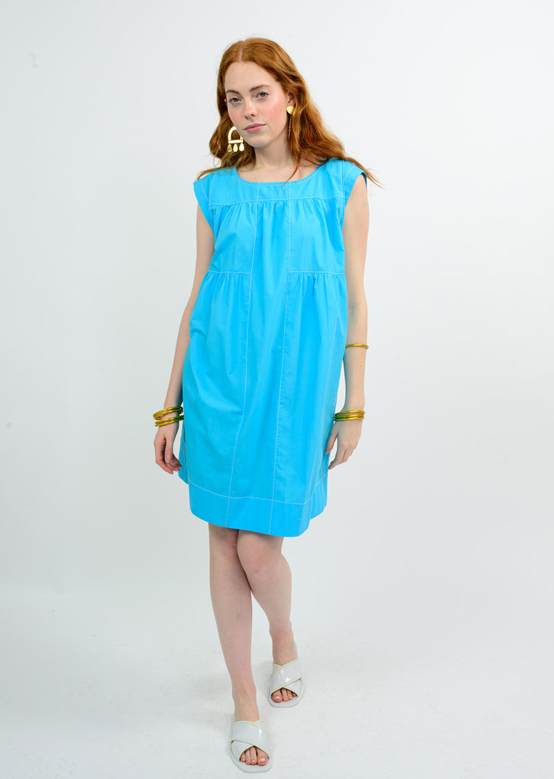 Blue Topstitched Tiered Dress