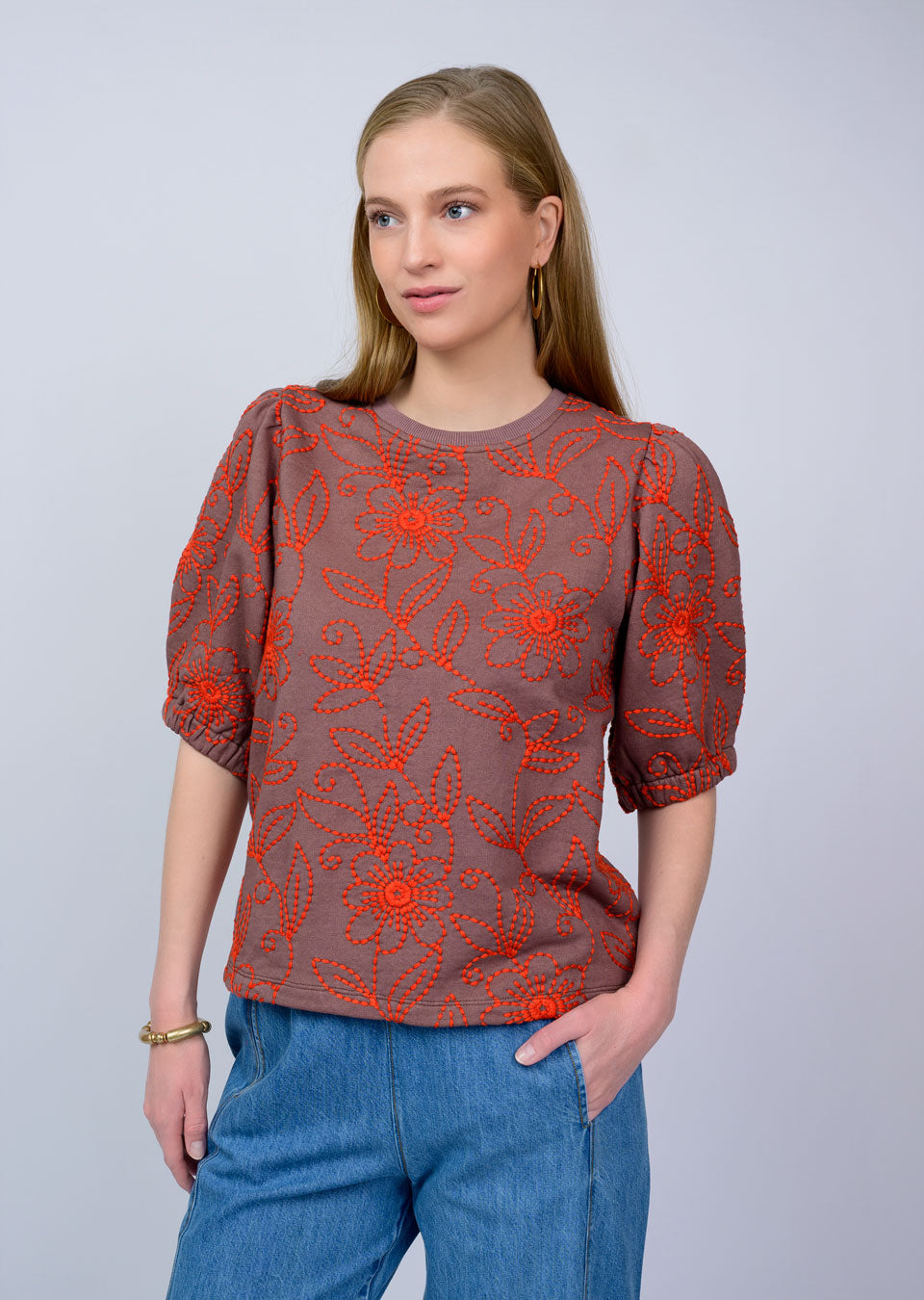 Floral Vines Knit Top Brun