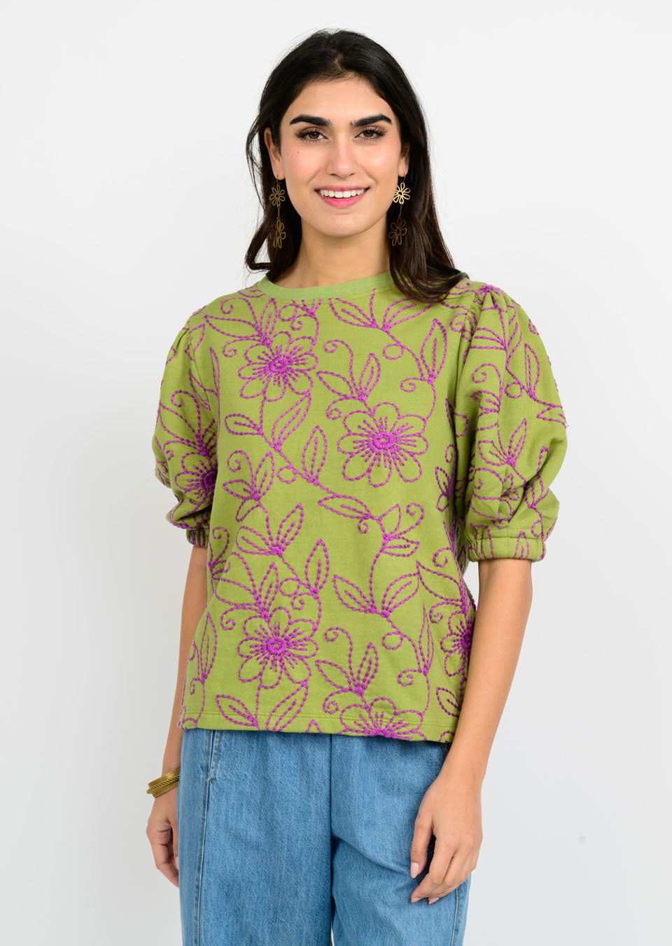 Floral Vines Knit Top Green