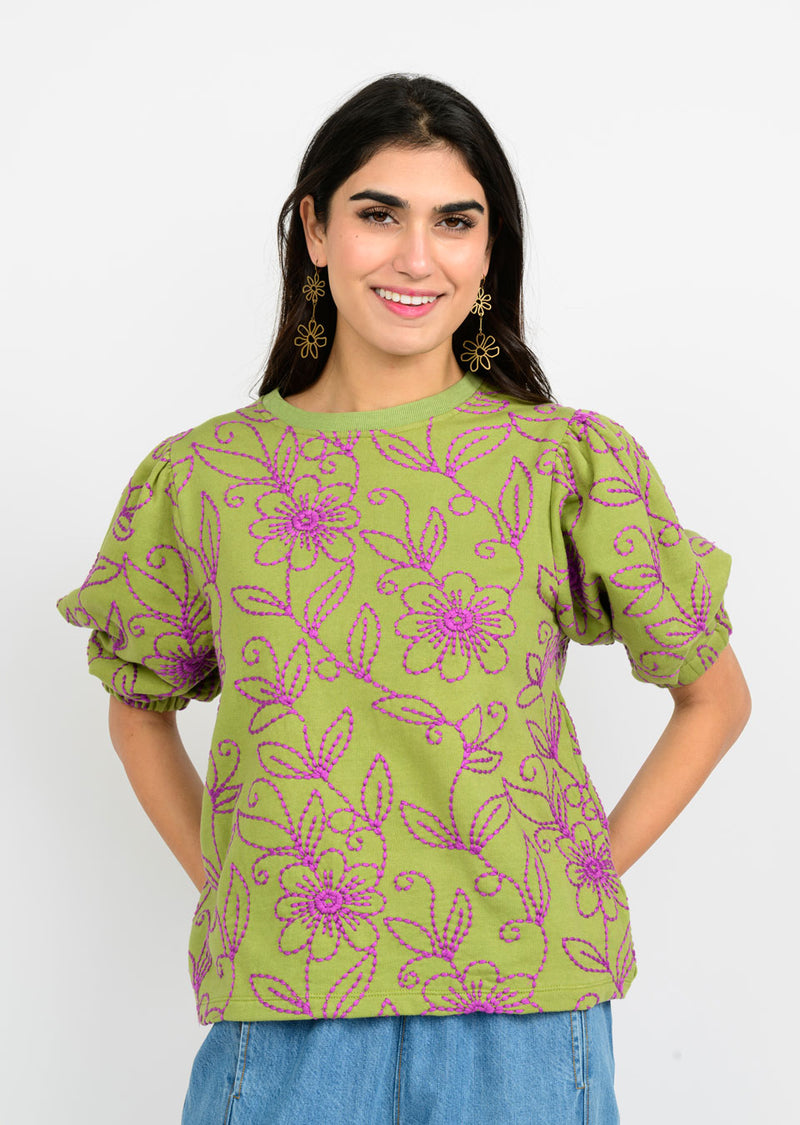 Floral Vines Knit Top Green